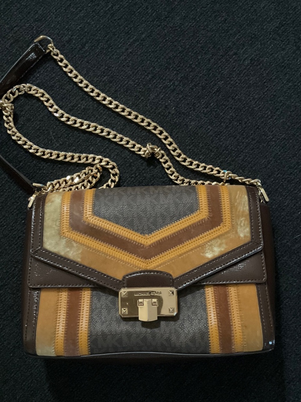 Michael Kors Brown and Mustard Striped Shoulder Bag with Gold Adjustable Chain - Picture 2 of 16